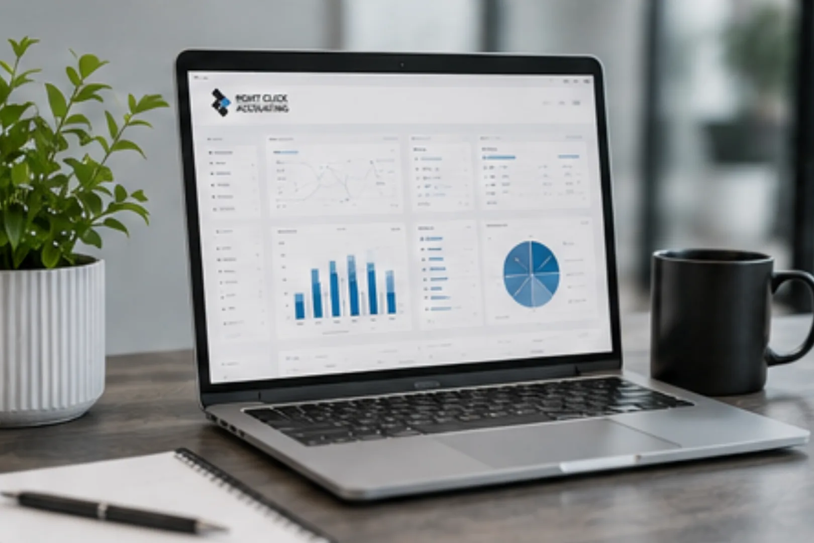 A laptop showing a financial dashboard on a desk with a Right Click Accounting mug